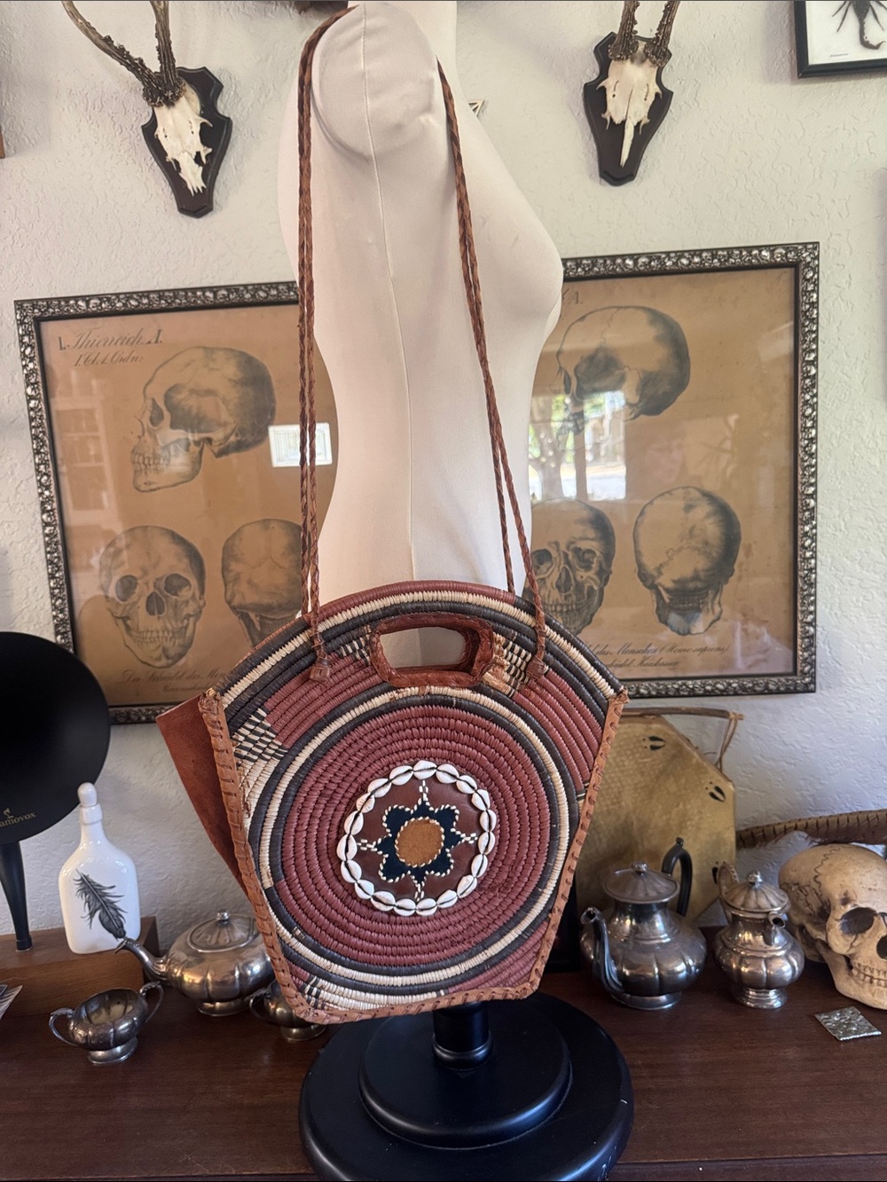 Handwoven Boho Round Leather-Trim Shoulder Bag in Rust